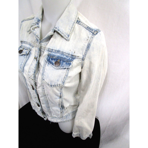 Zara Trafaluc Light Blue Acid Wash Denim Distressed Ripped Jean Jacket Women M - Picture 7 of 11